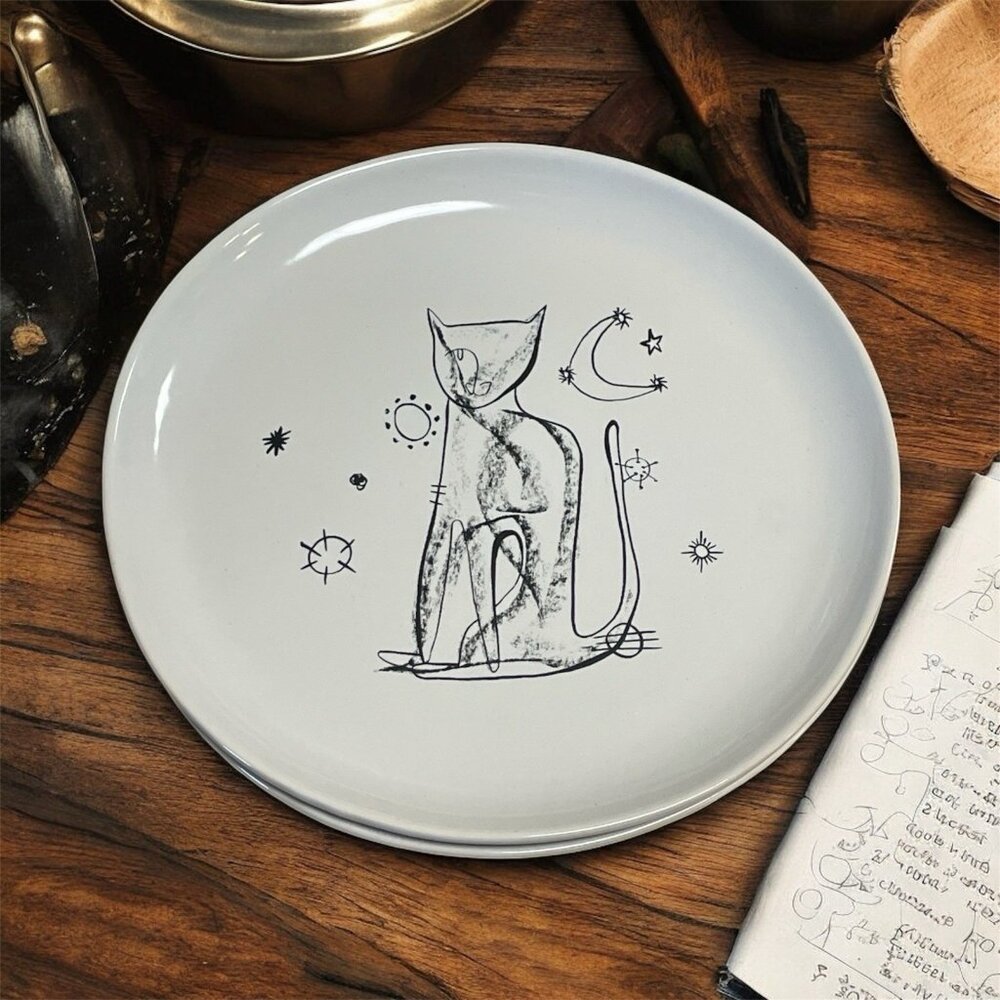 Set Of 2 Celestial Cat Moon Stars Salad Plates ED 8 X 8.5